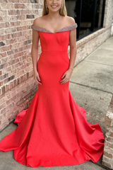 Mermaid Satin Long Off-Shoulder Red Formal Dress with Beads