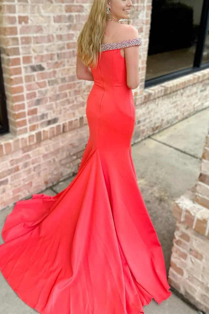 Mermaid Satin Long Red Formal Dress Off-Shoulder 