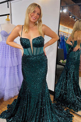 Mermaid Sequin Corset Prom Dress Dark Green Spaghetti Straps