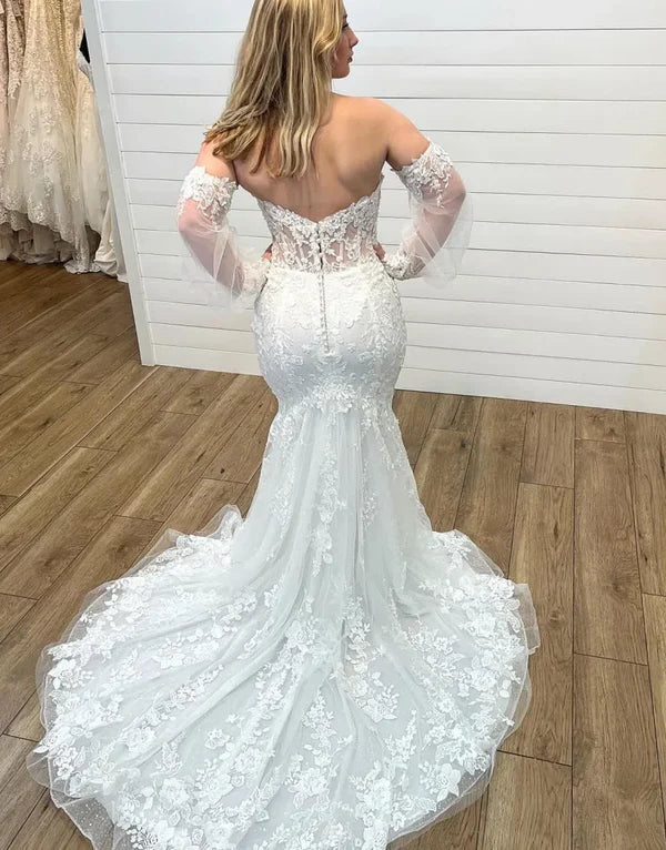Mermaid Sweetheart Lace Vintage Wedding Gown With Detachable Sleeves - MyChicDress