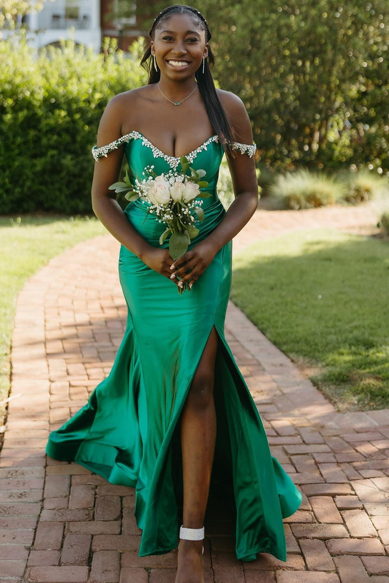 Mermaid Beaded Off the Shoulder green Prom Formal Dress with Slit Mychicdress