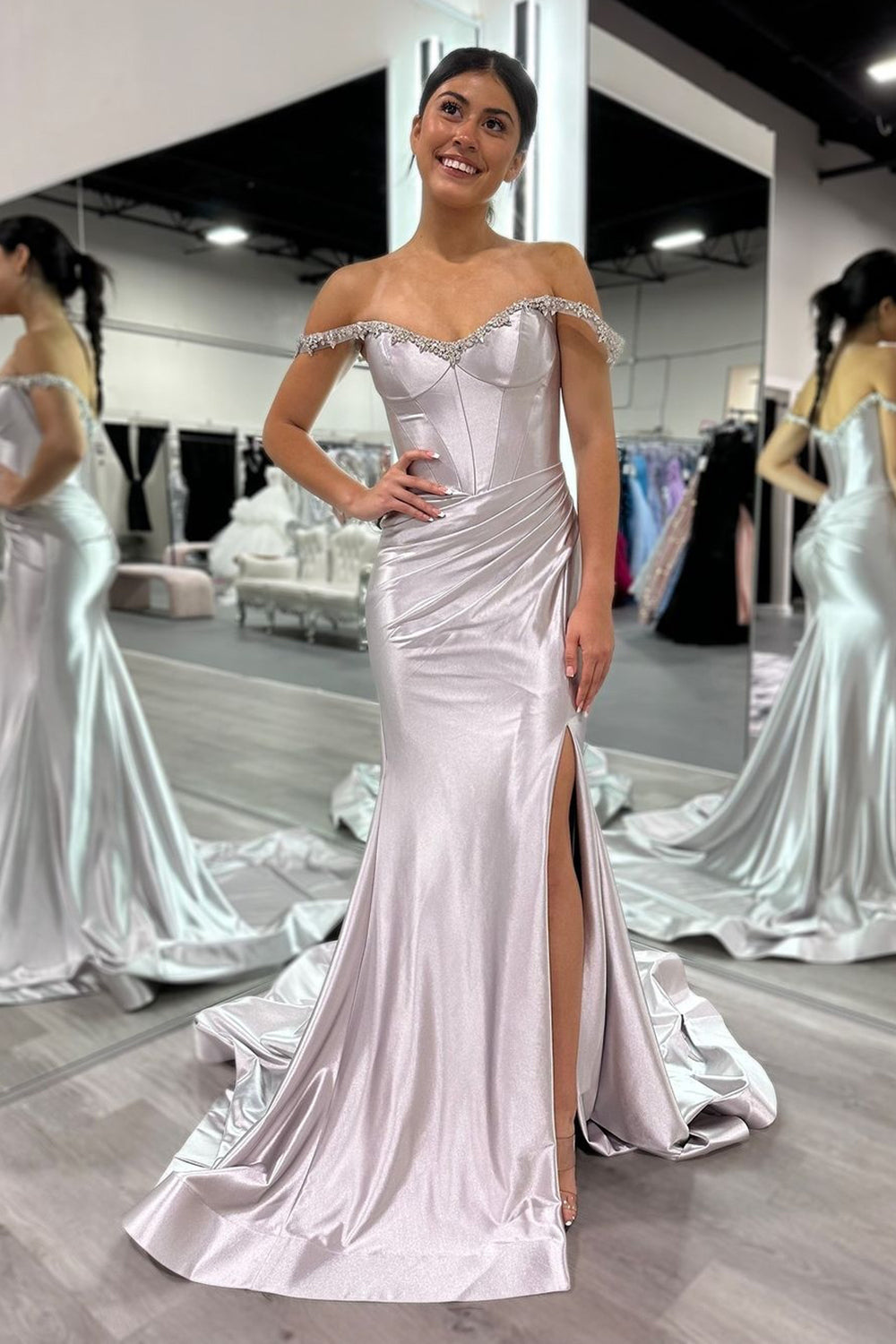 Mermaid Beaded Off the Shoulder silver Prom Formal Dress with Slit Mychicdress
