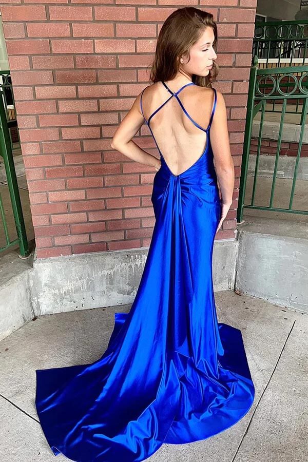  Mermaid Corset Wedding Guest Dress Royal Blue Prom Dress With Slit