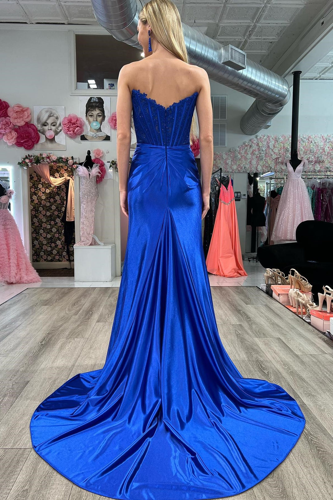 Mermaid Long Strapless Formal Dress Lace Satin Ruching with Slit - MyChicDress