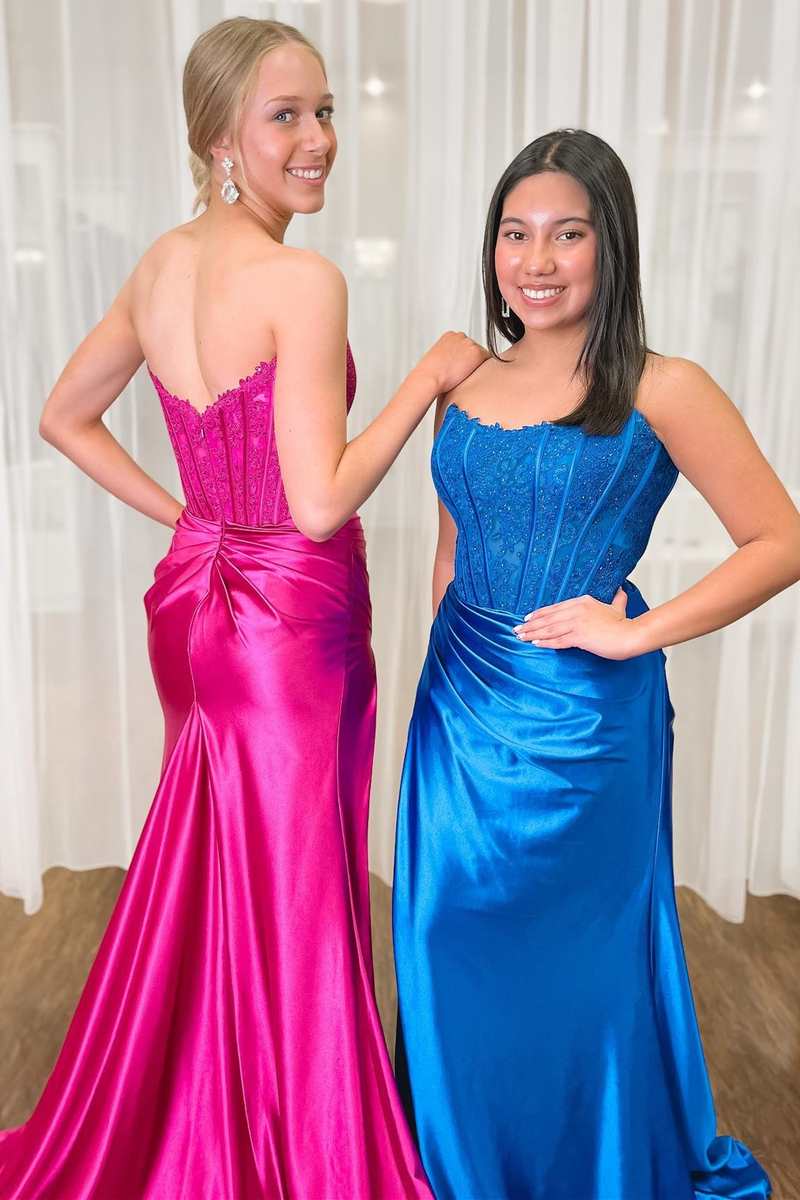 Mermaid Long Strapless Formal Dress Lace Satin Ruching with Slit - MyChicDress