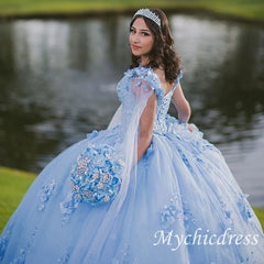 Mexican Sky Blue Quince Dresses 3D Flower Appliques With Cape