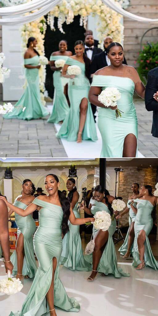 Mint Green One Shoulder Bridesmaid Dresses Maxi Long Wedding Party Dress Side Slit  MyChicDress