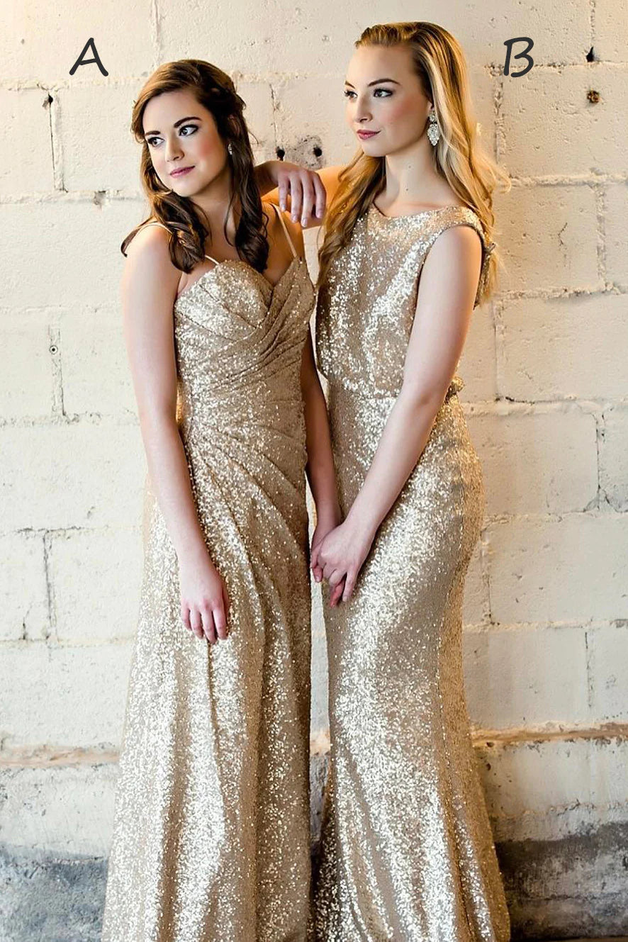 Mismatch Gold Bridesmaid Dress Sequins Long Wedding Party Dress MyChicDress