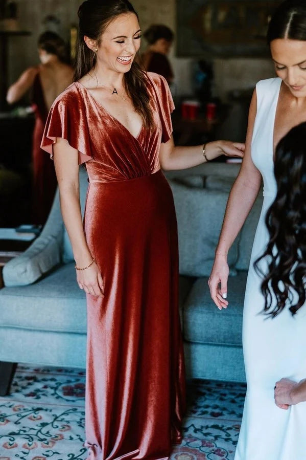 Mismatched Copper Bridesmaid Dress Velvet V Neck Mermaid Wedding Guest Dress MyChicDress