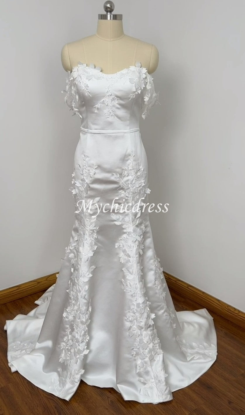 Modern 3D Floral Satin Wedding Dress Beach Off the Shoulder Bridal Dress - MyChicDress