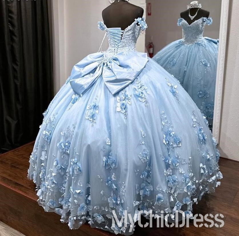 Modern 3D Flowers Baby BLue Quinceanera Dresses Off the Shoulder