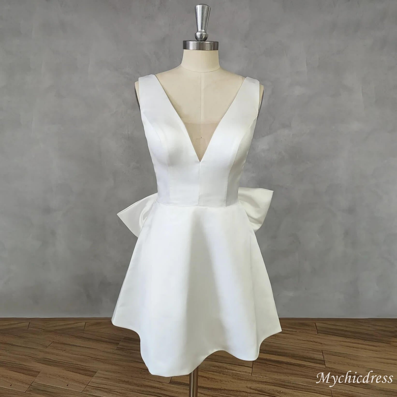 Modern Short Wedding Dress Satin V-Neck with Bow - MyChicDress