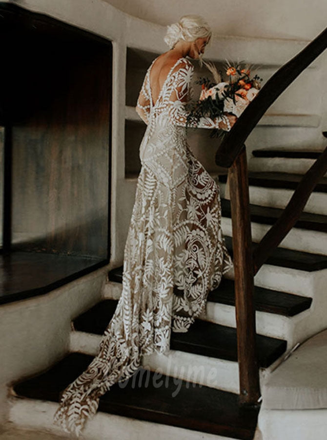 Modest Boho Wedding Dresses Champagne Lace With Long Sleeve V Back - MyChicDress