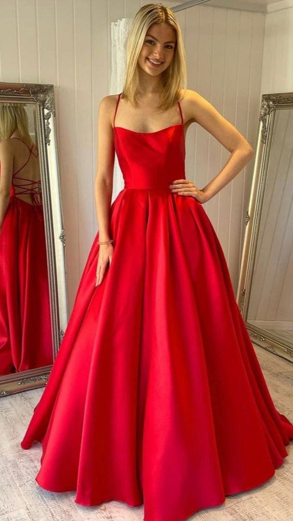 Modest Red Satin A Line Prom Dress Simple Backless Long Formal Dress - MyChicDress