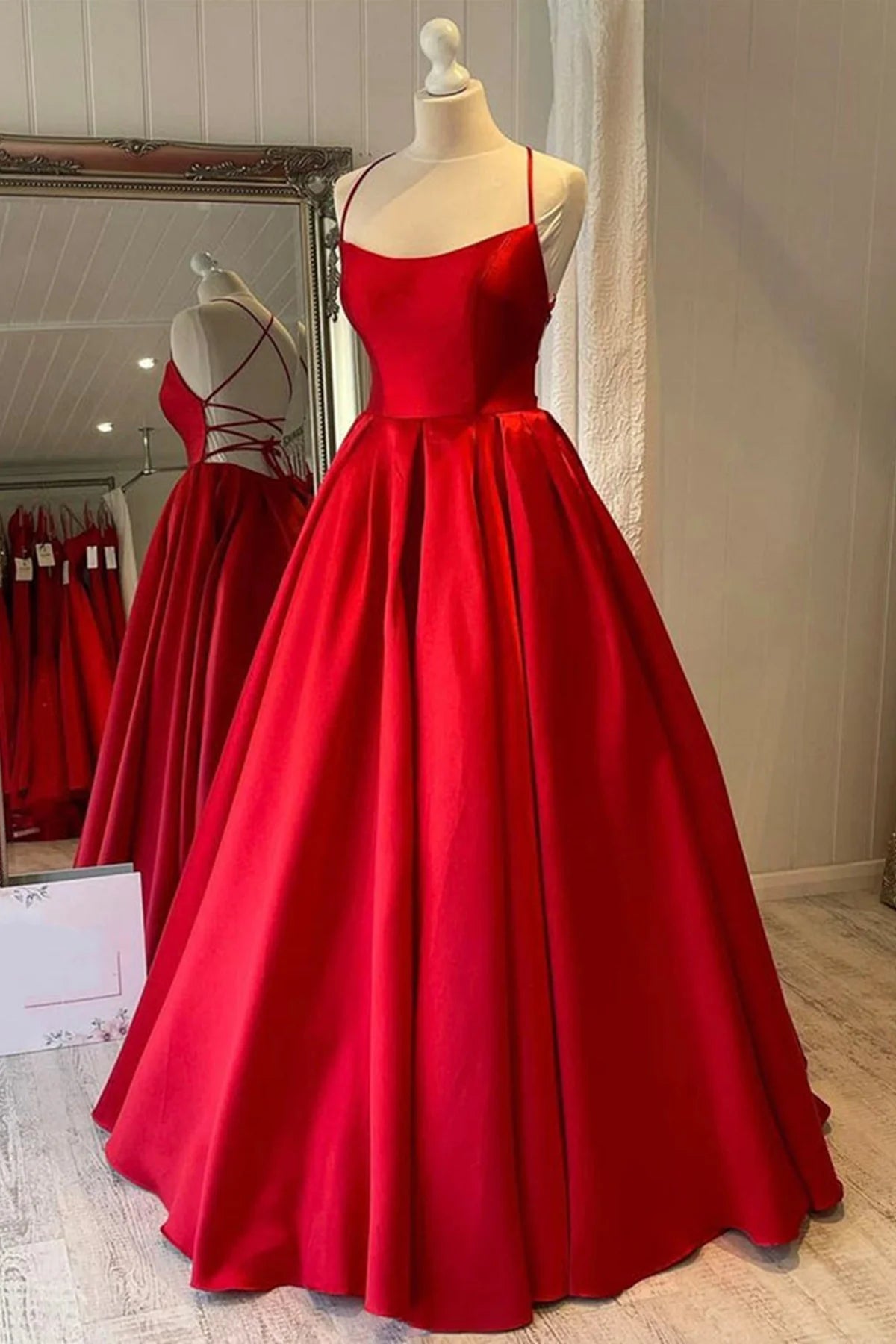Modest Red Satin A Line Prom Dress Simple Backless Long Formal Dress - MyChicDress