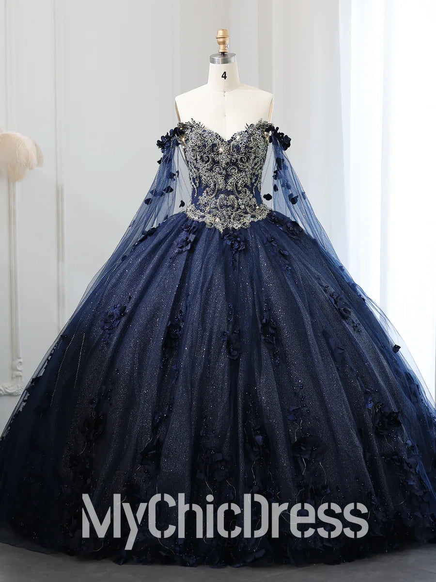 Navy Blue Quinceanera Dress 3D Flowers Off-the-Shoulder with Cape