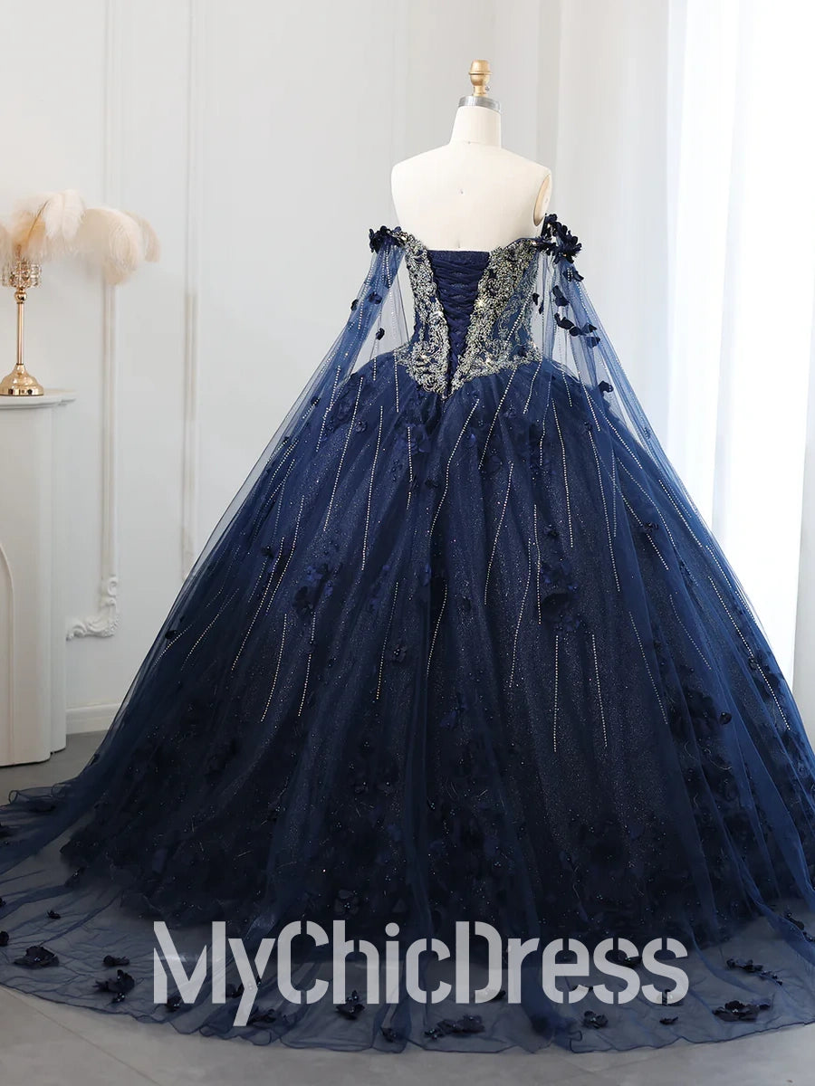 Navy Blue Quinceanera Dress 3D Flowers Off-the-Shoulder with Cape