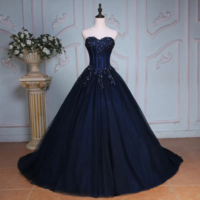 Navy Blue Quince Dresses Long Evening Dress Crystal Bead Applique - MyChicDress