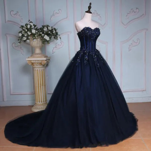 Navy Blue Quince Dresses Long Evening Dress Crystal Bead Applique - MyChicDress
