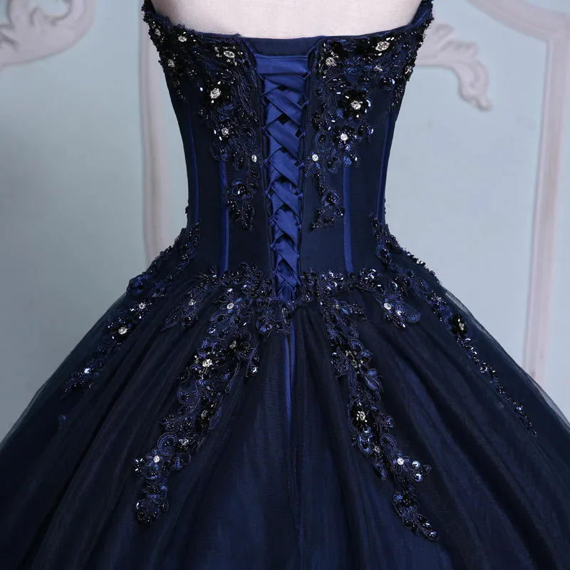 Navy Blue Quince Dresses Long Evening Dress Crystal Bead Applique - MyChicDress