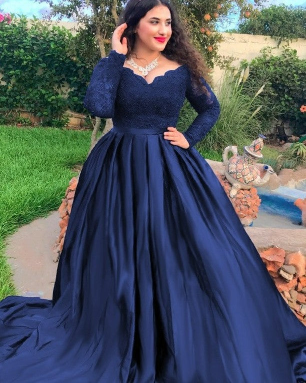 Navy Blue Satin Quince Dresses Long Sleeves Plue Size Prom Dresses - MyChicDress
