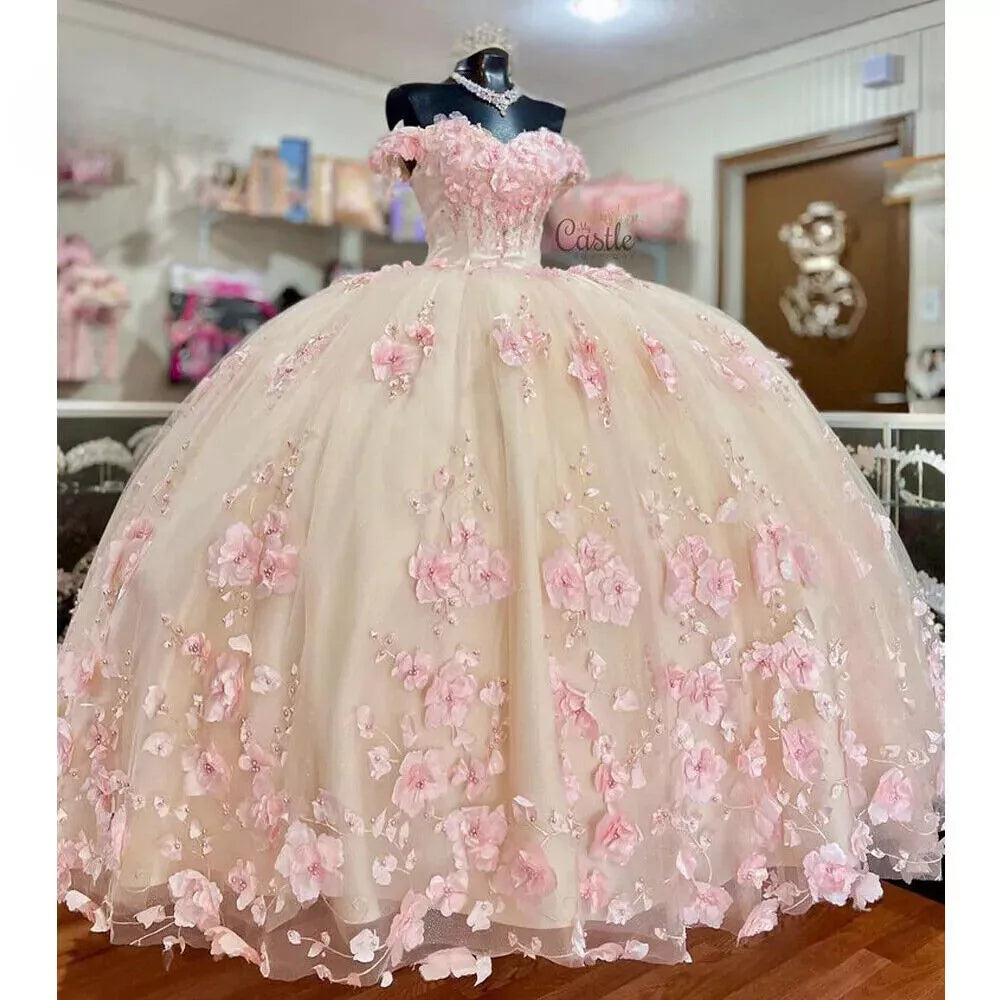 Nuevo vestido de quinceañera rosa de encaje 2025 con hombros descubiertos y flores 3D