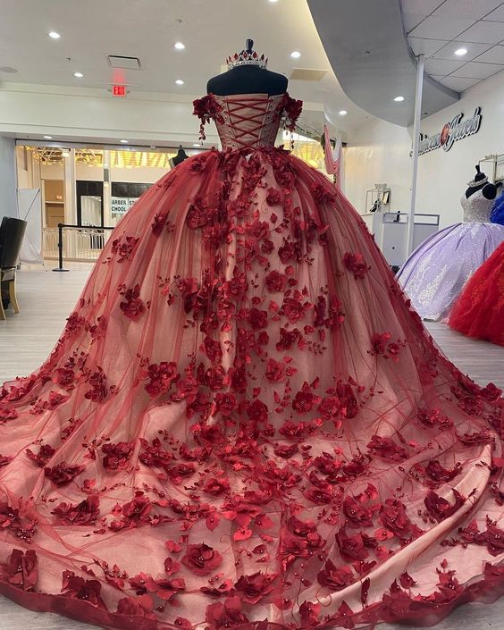 New Off Shoulder red Quinceanera Dress 3D Flowers MyChicDress