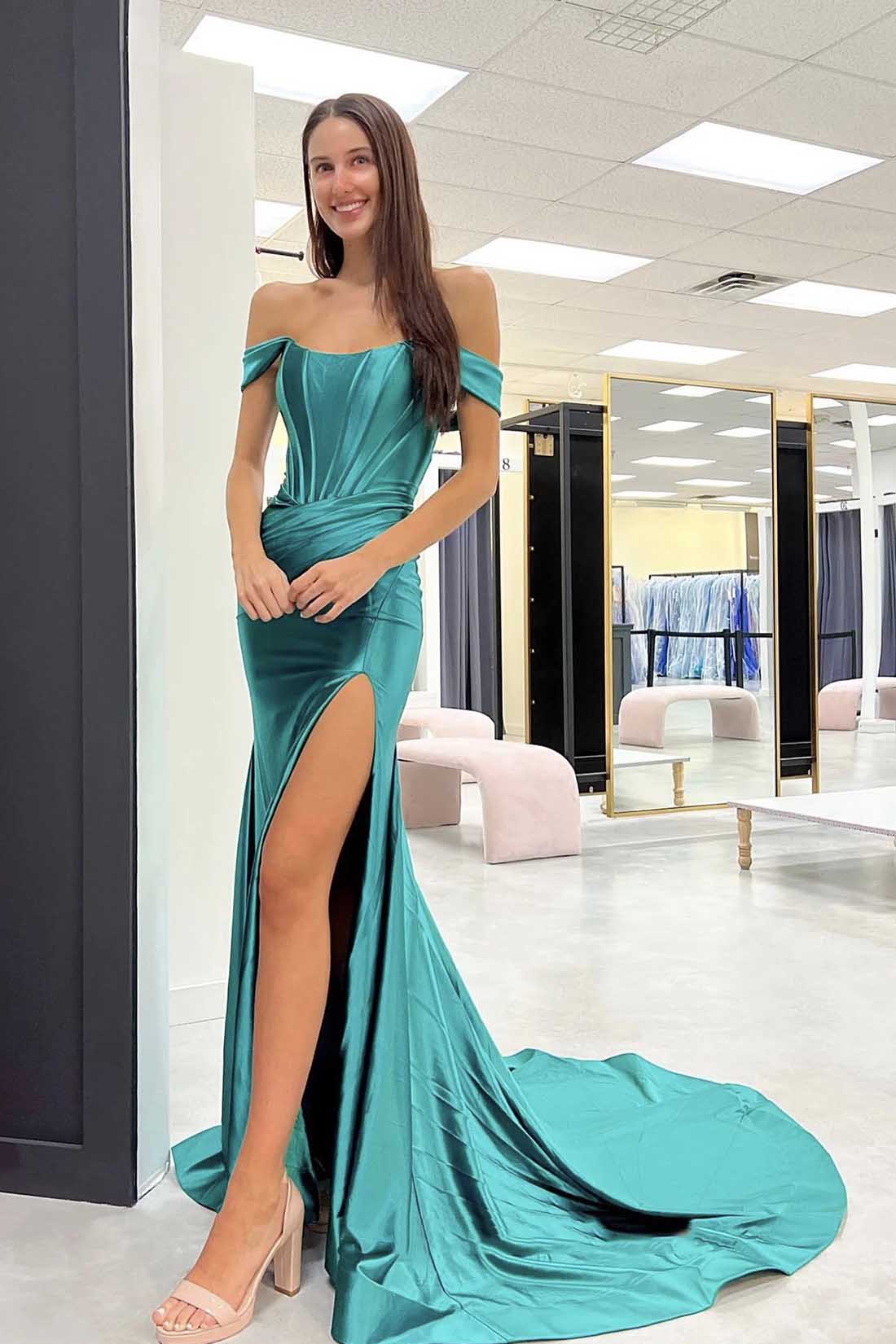 New Off-the-Shoulder Green Satin Evening Dress High Slit Corset Back MyChicDress