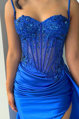 New Royal Blue 2025 Prom Dress UK Sequined Spaghetti Straps with Split