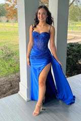 New Royal Blue 2025 Prom Dress UK Sequined Spaghetti Straps with Split