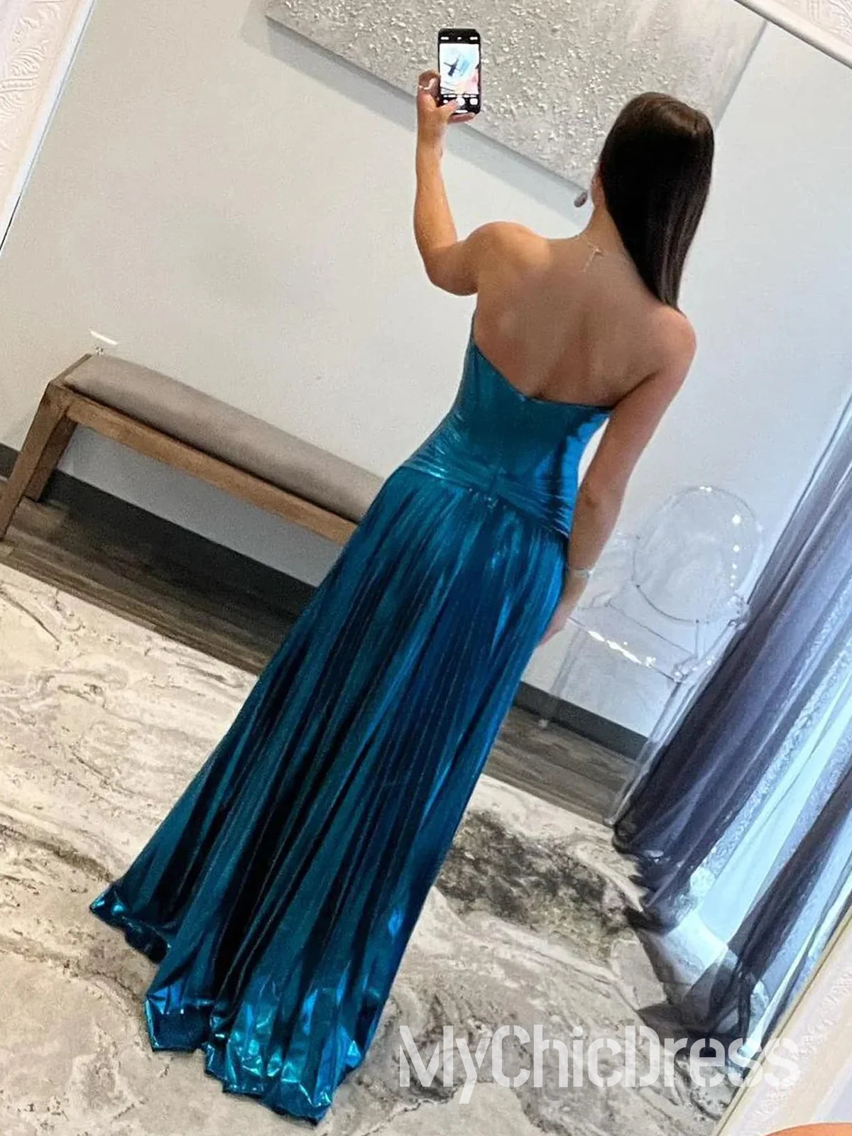 Nuevos vestidos de fiesta metalizados dorados, plisados, sin tirantes, largos y formales