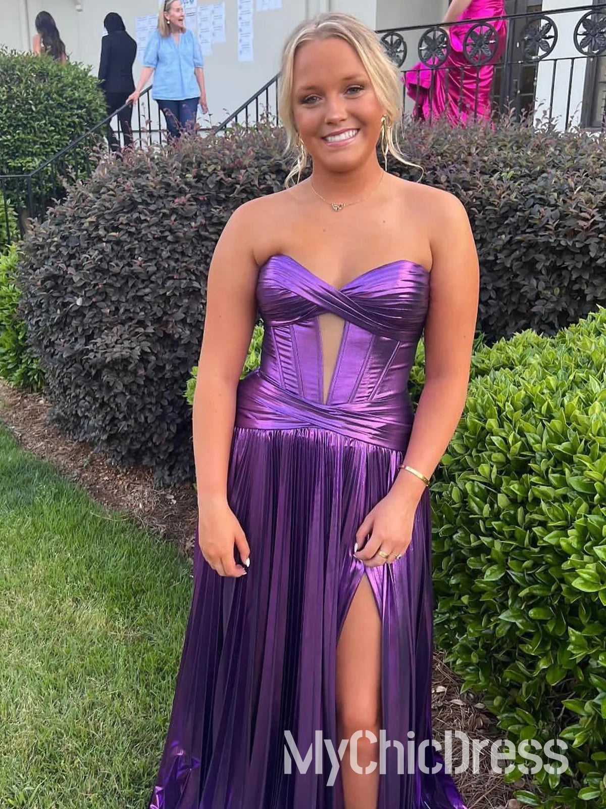 Nuevos vestidos de fiesta metalizados dorados, plisados, sin tirantes, largos y formales