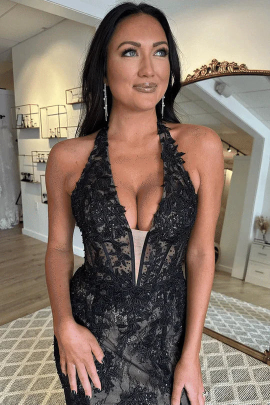 New Halter V-Neck Red Prom Dress Lace Appliques Mermaid with Slit - MyChicDress