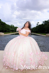 New Off The Shoulder 2025 Lace Pink Quinceanera Dress 3D Flowers Sweet 16 Dress