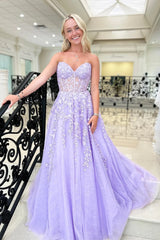 Nuevo vestido de fiesta de corte a lavanda, vestido de noche de tul con apliques violeta