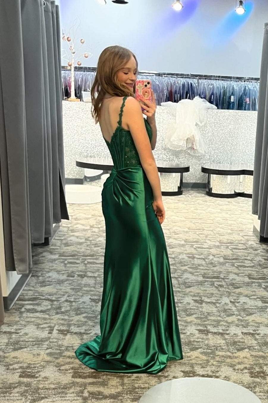 New Long Emerald Green Prom Dresses Lace Satin Mermaid Straps Slit - MyChicDress