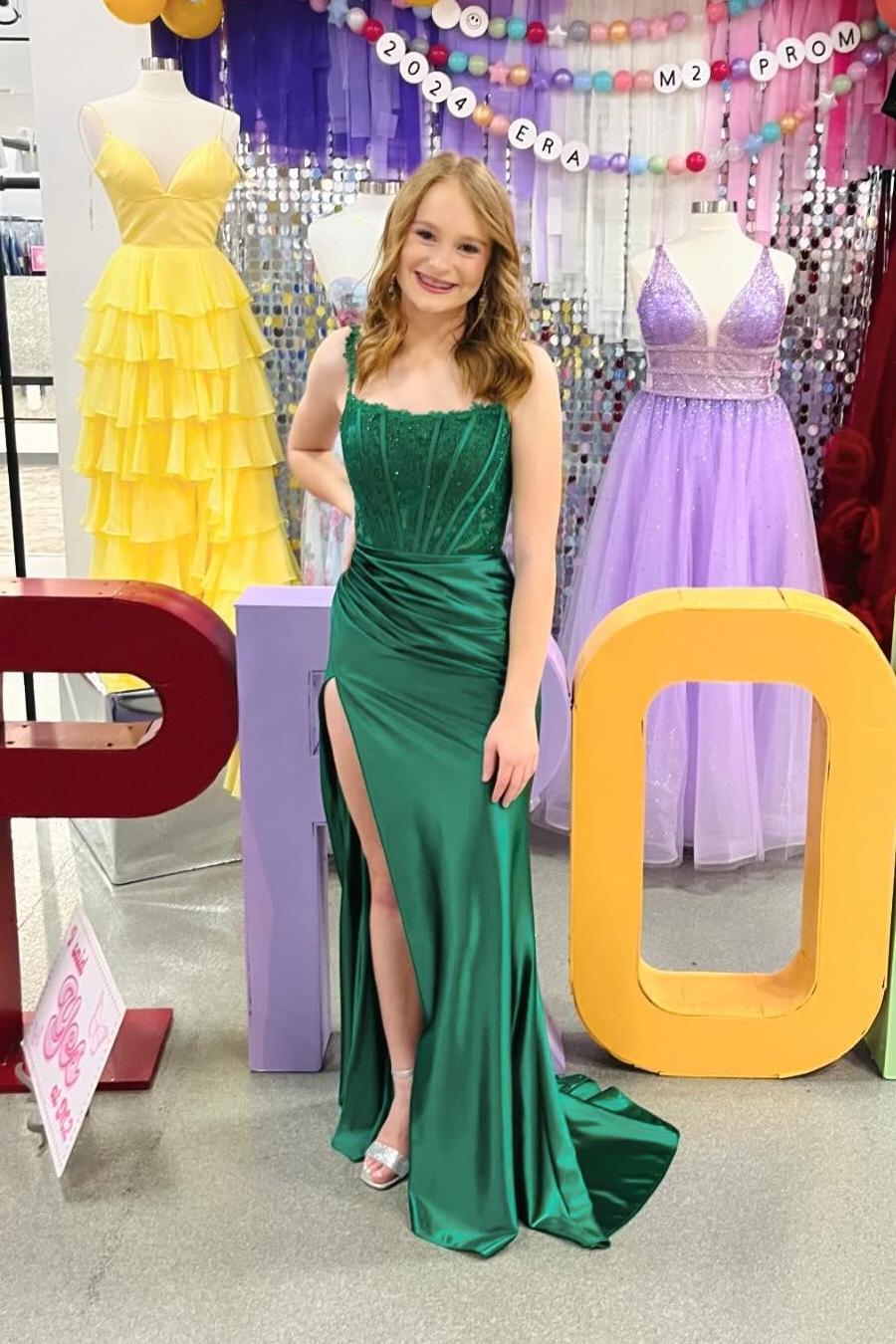 New Long Emerald Green Prom Dresses Lace Satin Mermaid Straps Slit - MyChicDress