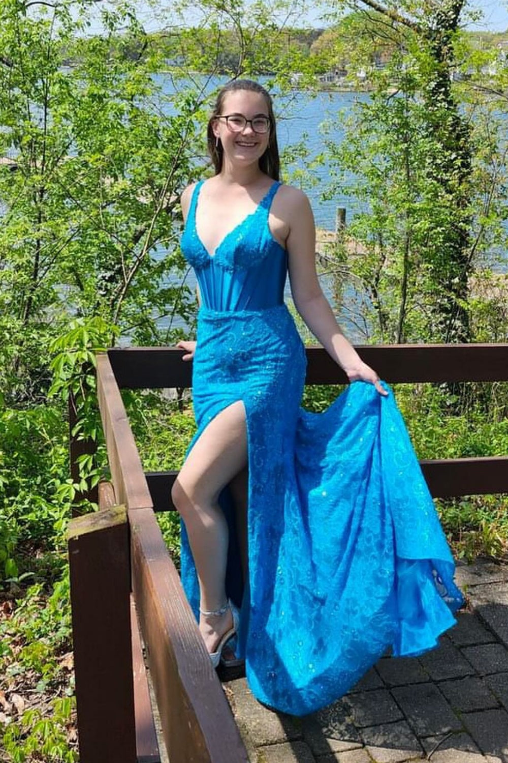 New Long Formal Dress V-neck Fuchsia Lace Mermaid Prom Gown with Slit - MyChicDress