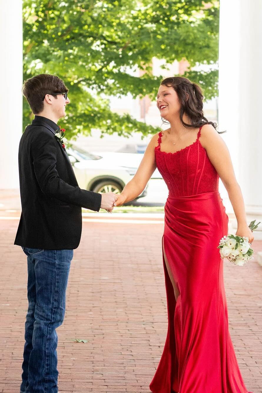 New Long Emerald Green Prom Dresses Lace Satin Mermaid Straps Slit - MyChicDress