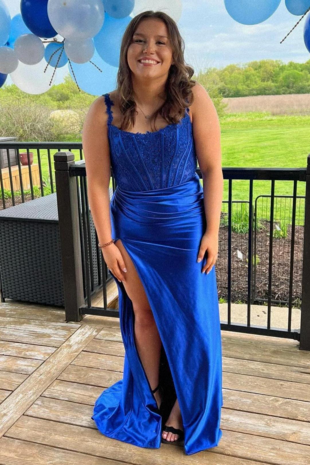 New Long Emerald Green Prom Dresses Lace Satin Mermaid Straps Slit - MyChicDress