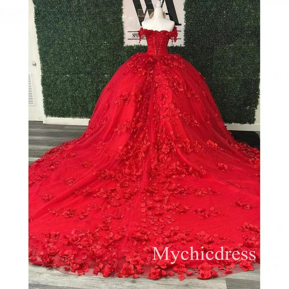 New Red Quinceanera 15 Dresses Beaded Off the Shoulder with 3D Flowers - MyChicDress
