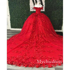 New Red Quinceanera 15 Dresses Beaded Off the Shoulder with 3D Flowers
