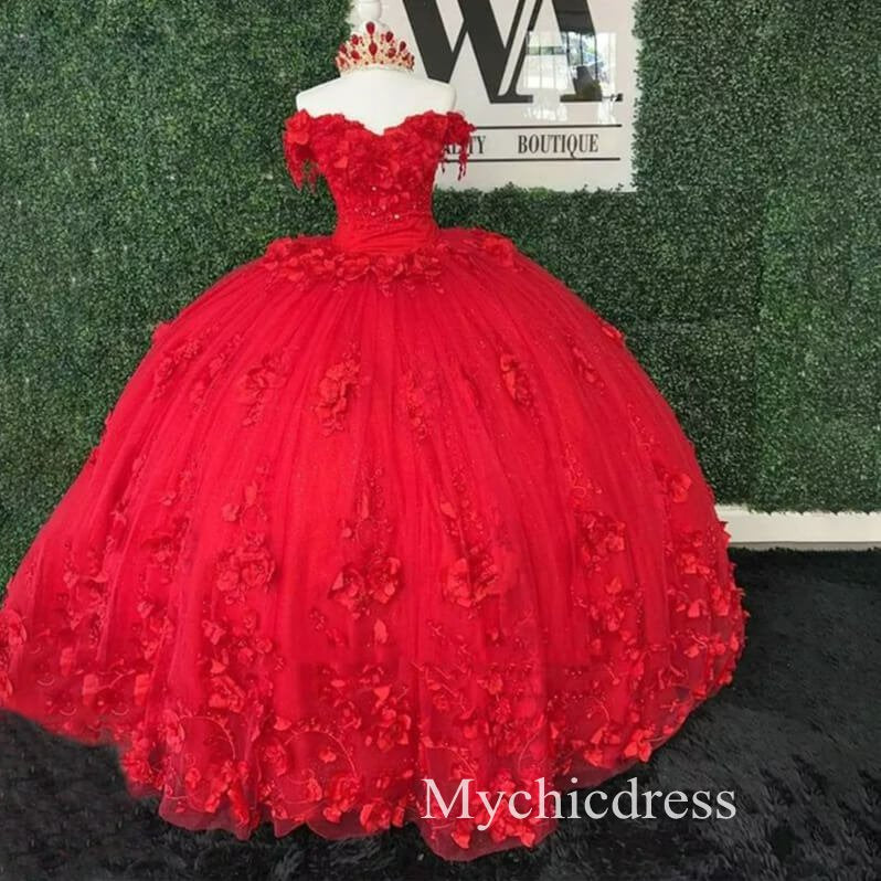 New Red Quinceanera 15 Dresses Beaded Off the Shoulder with 3D Flowers - MyChicDress