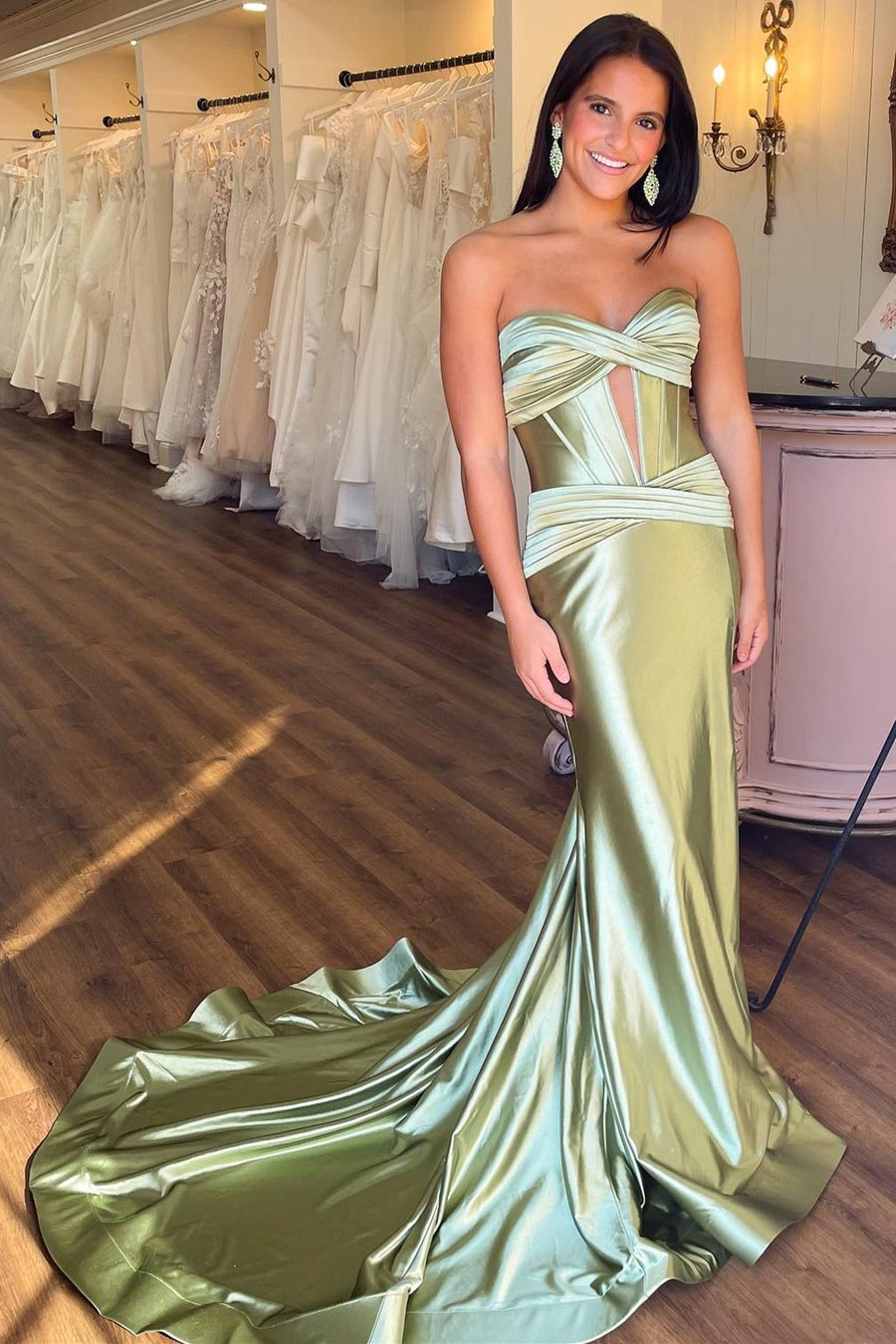 New Sage Green Prom Dress Satin Strapless Wedding Guest Dress Mermaid Mychicdress