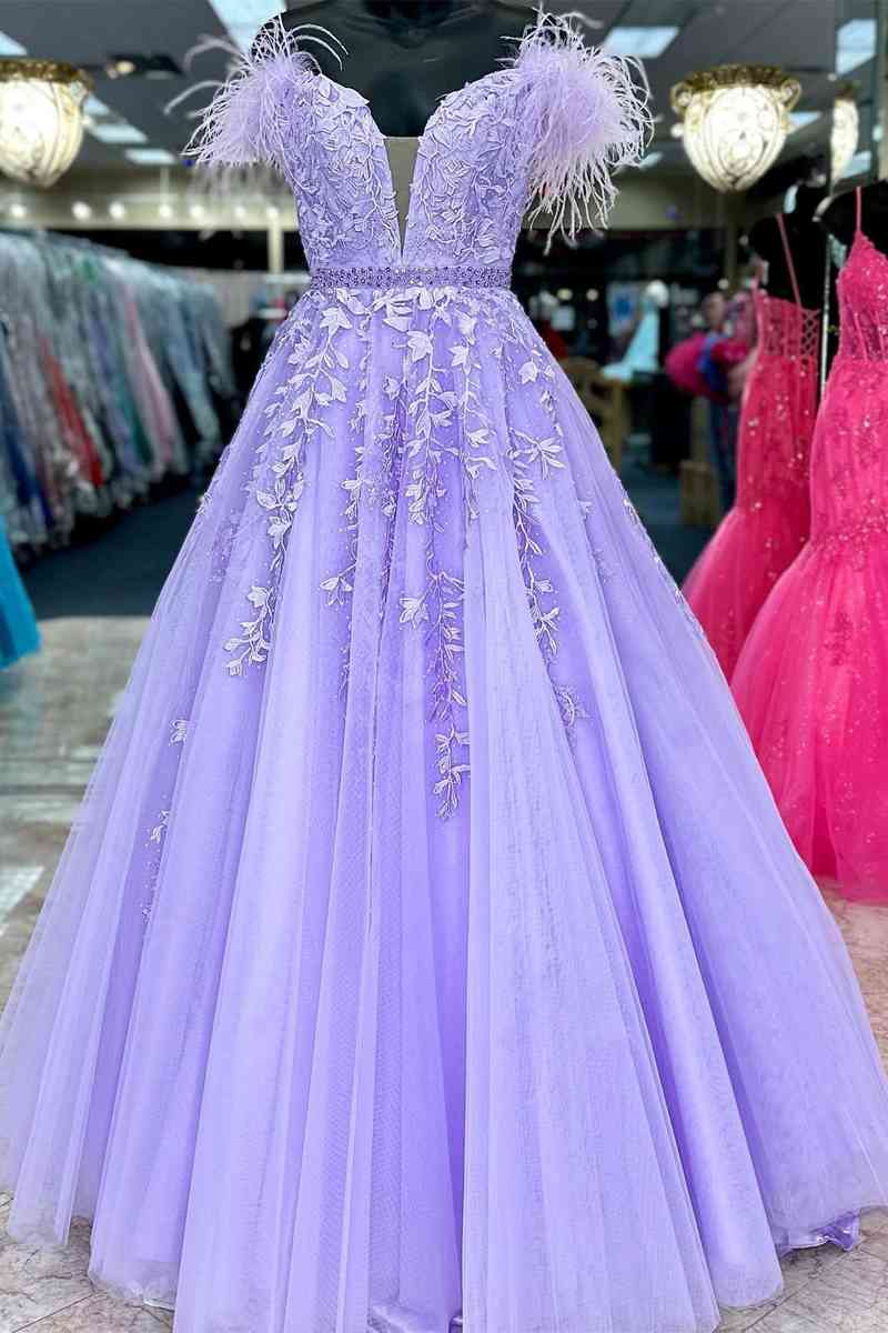 Vestidos de fiesta de encaje morado con hombros descubiertos, vestido formal largo con cuello en V y plumas