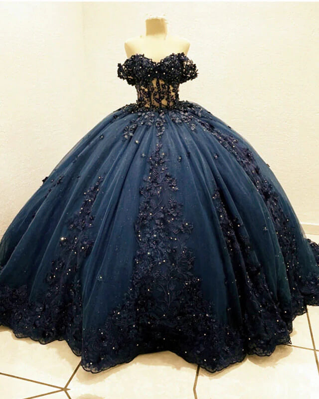 Off Shoulder  Navy Blue Quinceanera Dresses Lace Applique Sweet 16 Dress Beaded Mychicdress