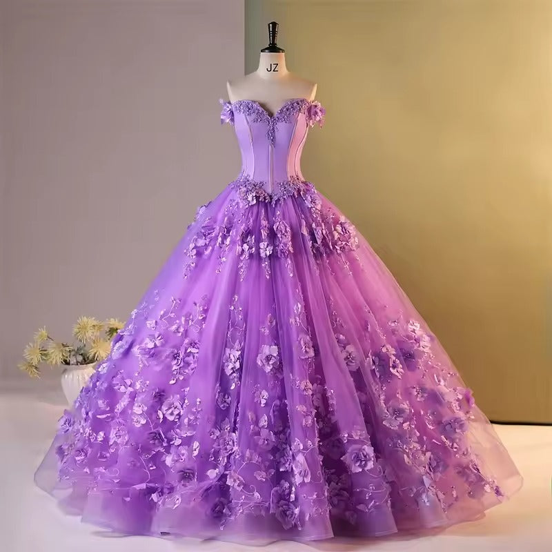Vestido para quinceañeras con hombros descubiertos, mariposa, azul real, flores 3D, Vestidos XV Años