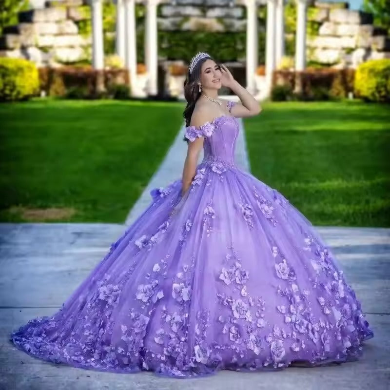 Vestido para quinceañeras con hombros descubiertos, mariposa, azul real, flores 3D, Vestidos XV Años