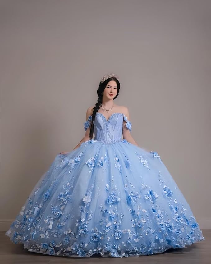 Vestido para quinceañeras con hombros descubiertos, mariposa, azul real, flores 3D, Vestidos XV Años
