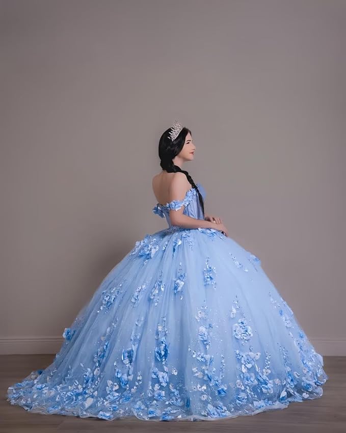 Vestido para quinceañeras con hombros descubiertos, mariposa, azul real, flores 3D, Vestidos XV Años